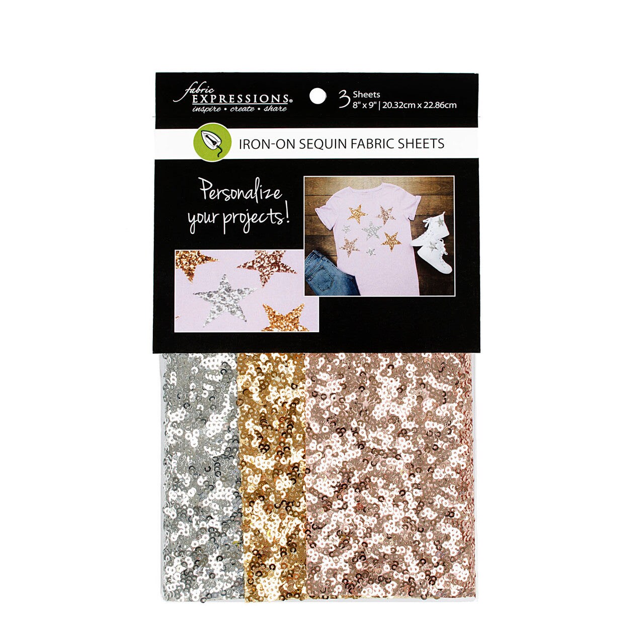 Fabric Expressions Iron on Sequin Fabric Sheet Gold Silver Copper 8"x9" Pack of 3